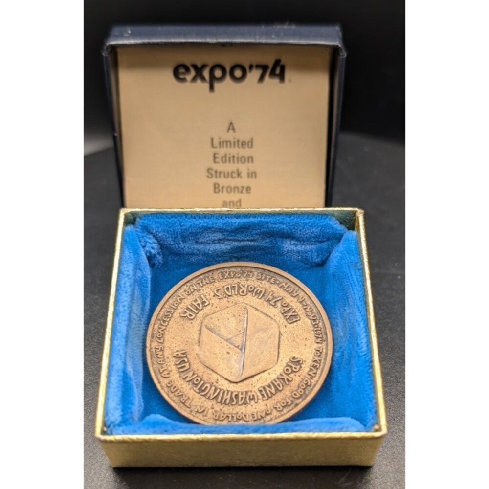 1974 Expo ’74 World’s Fair Spokane Bronze Medallion • Box & Info Card